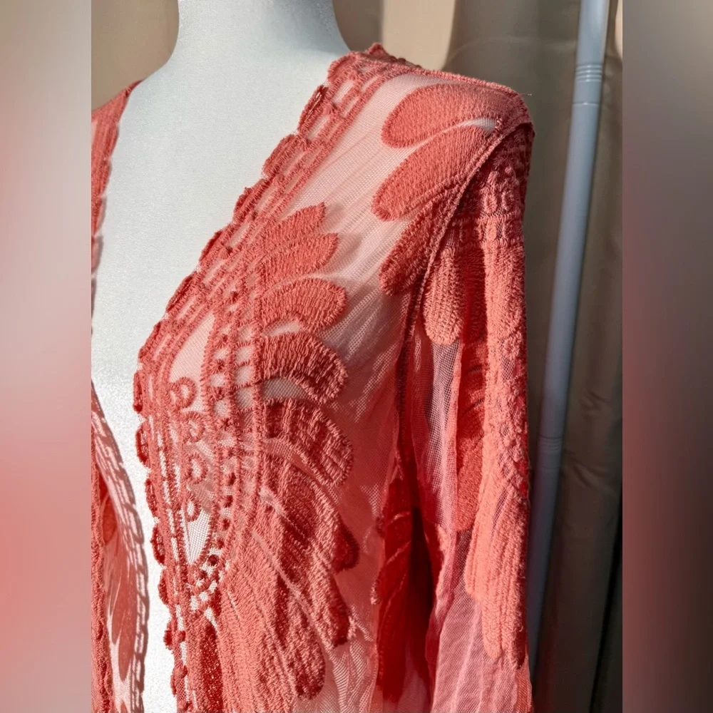 Rebellion Again Coral Pink Sheer Lace Maxi Duster Cardigan - Medium - NWT - Picture 7 of 11